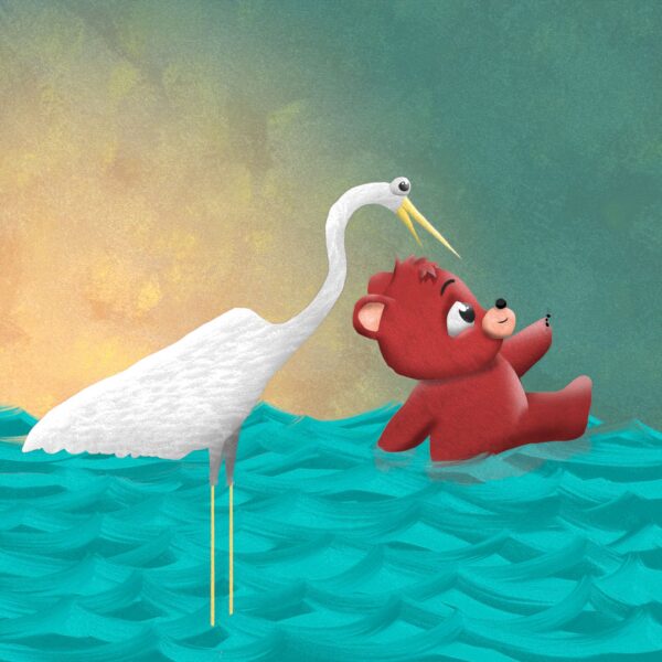A young bear wades through water, an ant on its outstretched paw. A stork looks on in the foreground in surprise.