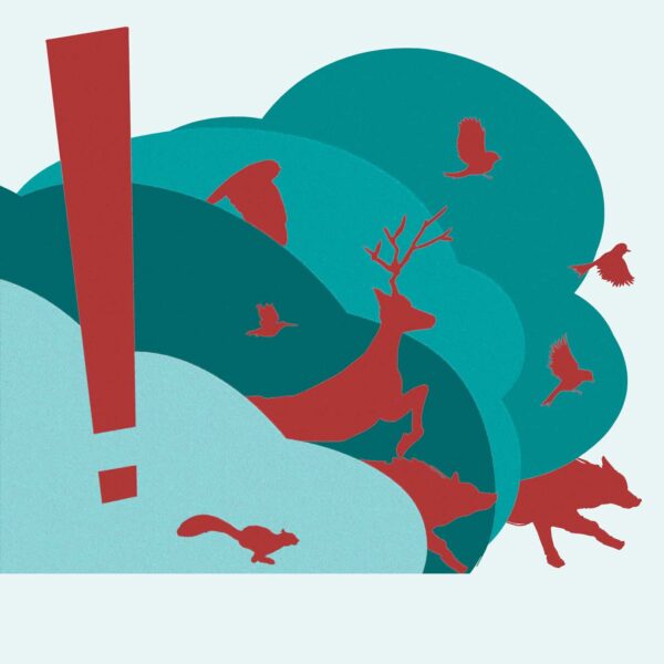 Layer silhouettes of dust clouds and various animals show a scene of fleeing. An exclamation point sits in the foreground.
