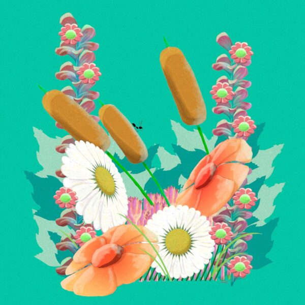 An ant sits on a leaning cattail among other plants and flowers.