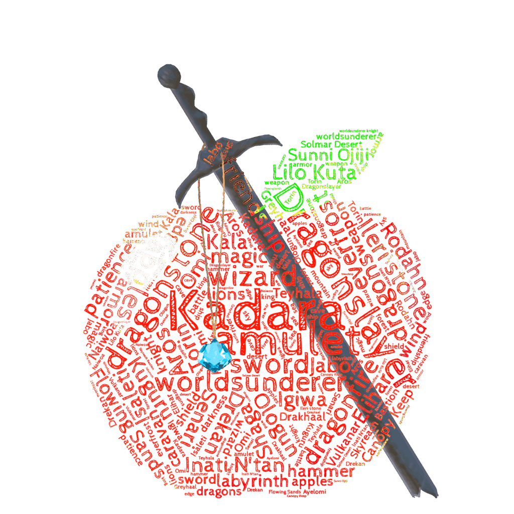 An apple-shaped word cloud sit in front of a sword with an amulet hanging from it. Words like Kadara Sword Dragons Magic Dragonstone Everfrost Dragonfire Armor Amulet Wizard Knight Battle Desert Mountain Sea Sky Forest River Cave Ship Hammer Caravan Lions Labyrinth Shield Patience Edge Weapon Wind Darkness Alone Friendship King Jabo Ologun Drekan Aros Rodahn Vulkanar Torin Kala Senari Omi Ayelomi Ileri Kuguru Naiwoa Dragonslayer Isaleti Drakhaal Greyhaal Solmar_Desert Teyhala Igiwa Worldsunderer Apples Flowing_Sands Elihar Shaga Kuguru Lilo_Kuta Inati_N'Tan Sunni_Ojiji War Canopy_Keep Skyreach_Bastion