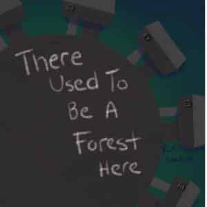 The cover of There Used To Be A Forest Here shows an overhead view of a sparce, treeless roundabout with cookie cutter homes. Chalk writing in the pavement displays the title.